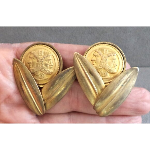 Rare Vintage FENDI JEWELRY SET Roman COIN CUFF BRACELET + Clip EARRINGS Big Bold - Picture 11 of 12